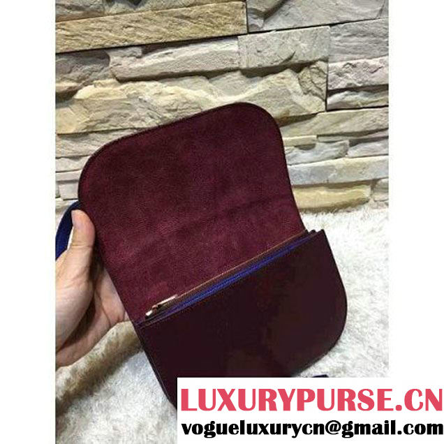 Celine Strap Clutch On Strap In Shiny Calfskin Burgundy/Blue Summer 2016 (1A021-6061322 )