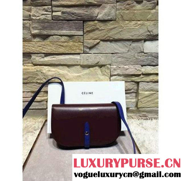 Celine Strap Clutch On Strap In Shiny Calfskin Burgundy/Blue Summer 2016 (1A021-6061322 )