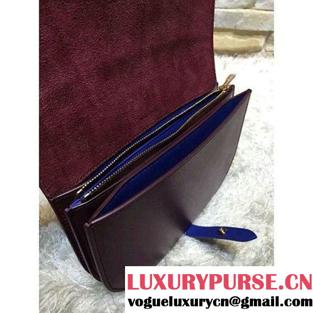 Celine Strap Clutch On Strap In Shiny Calfskin Burgundy/Blue Summer 2016 (1A021-6061322 )