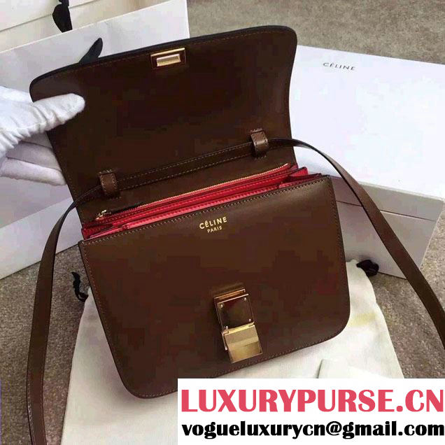 Celine Bicolour Classic Box Calfskin Bag Brown/Red 2015