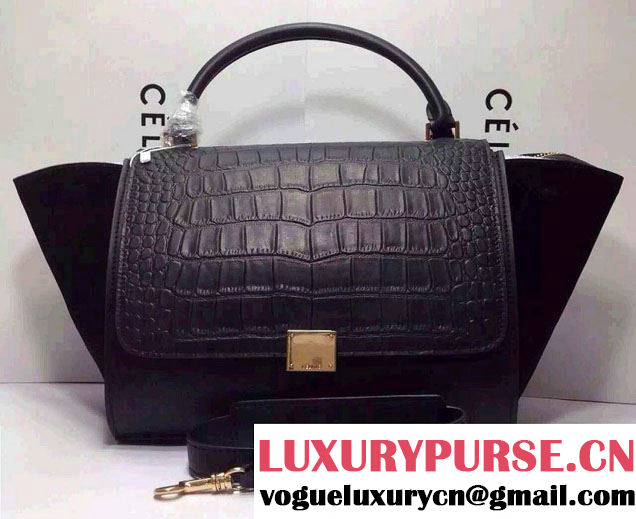 Celine Trapeze Top Handle Bag Nubuck Leather Black Croco Pattern 2015