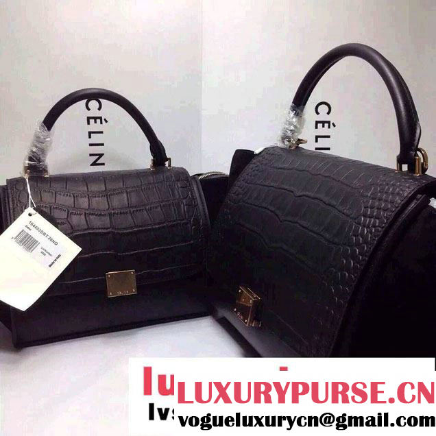 Celine Trapeze Top Handle Bag Nubuck Leather Black Croco Pattern 2015