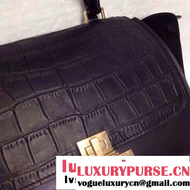 Celine Trapeze Top Handle Bag Nubuck Leather Black Croco Pattern 2015