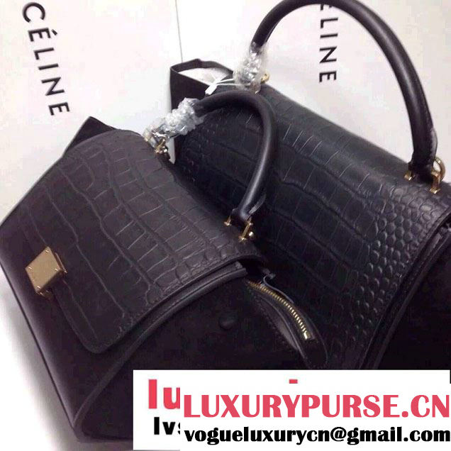 Celine Trapeze Top Handle Bag Nubuck Leather Black Croco Pattern 2015