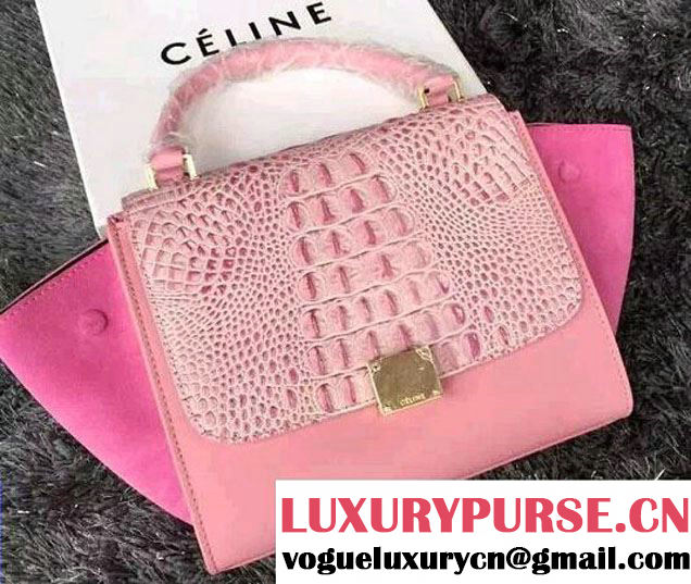 Celine Trapeze Top Handle Bag Nubuck Leather Croco Pattern Pink 2015