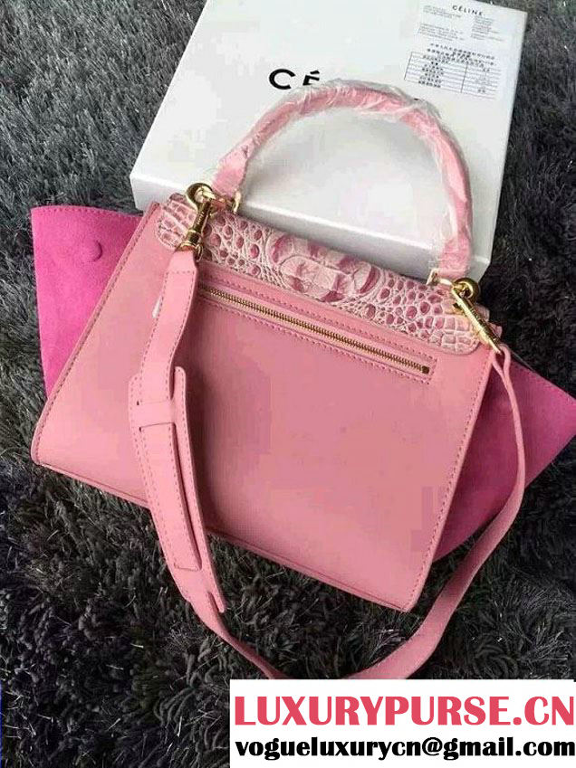 Celine Trapeze Top Handle Bag Nubuck Leather Croco Pattern Pink 2015