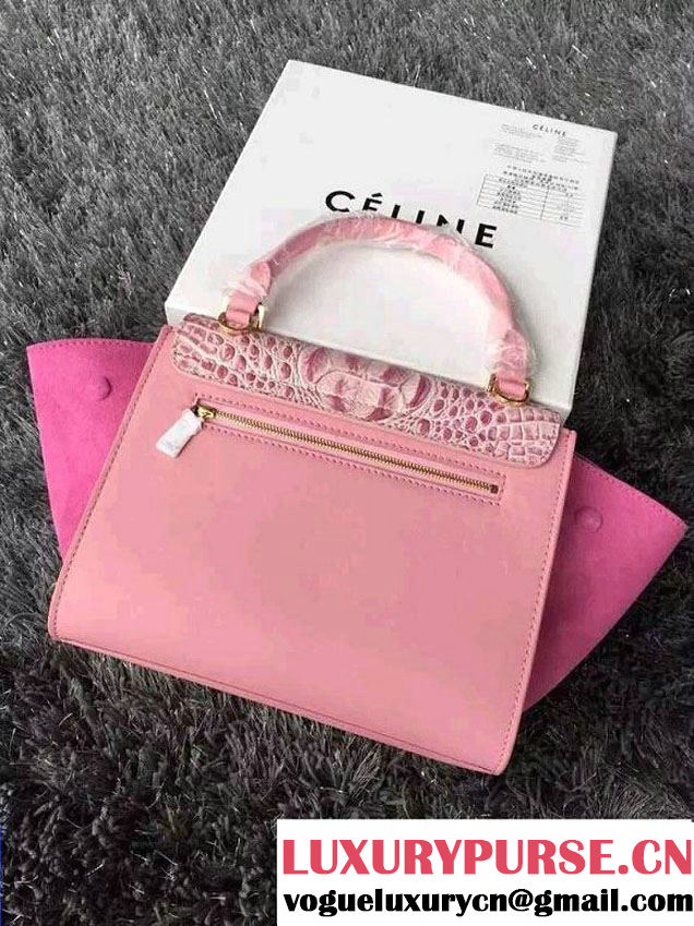 Celine Trapeze Top Handle Bag Nubuck Leather Croco Pattern Pink 2015