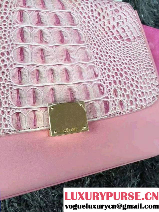 Celine Trapeze Top Handle Bag Nubuck Leather Croco Pattern Pink 2015