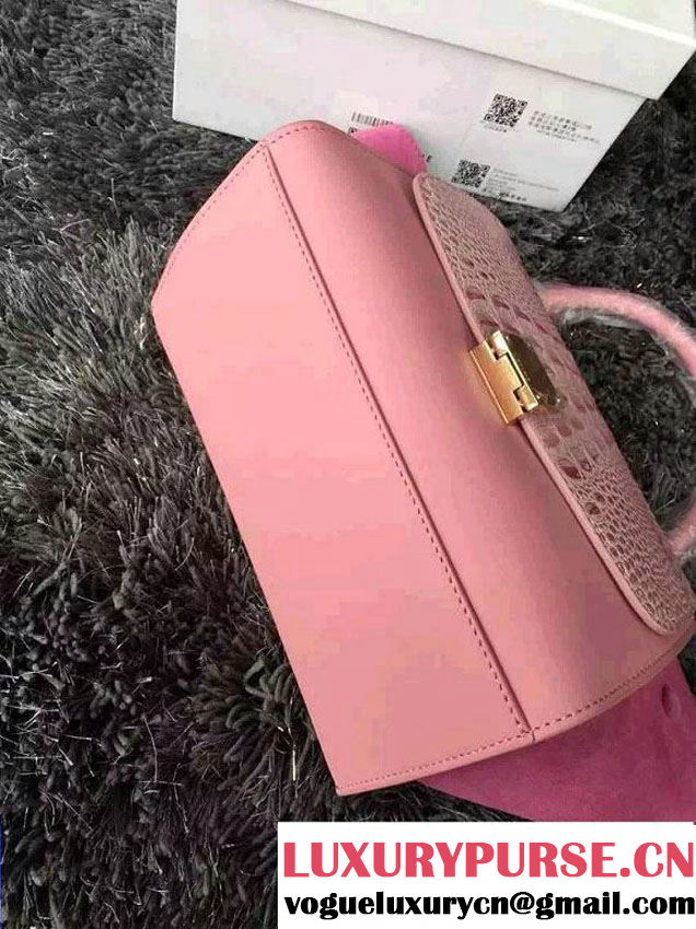 Celine Trapeze Top Handle Bag Nubuck Leather Croco Pattern Pink 2015