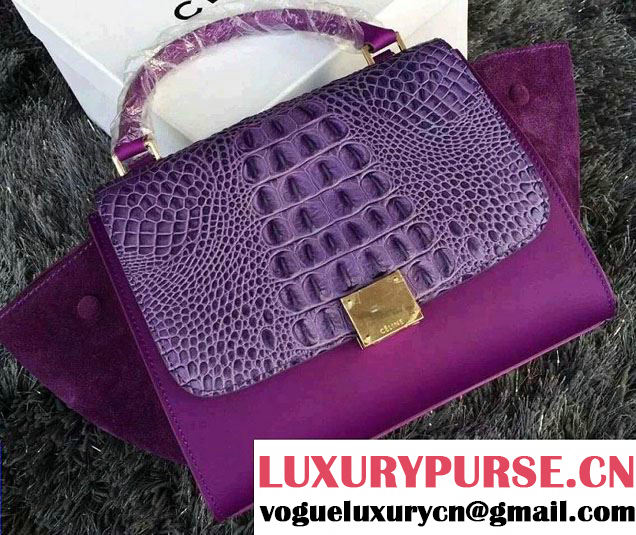 Celine Trapeze Top Handle Bag Nubuck Leather Croco Pattern Purple 2015