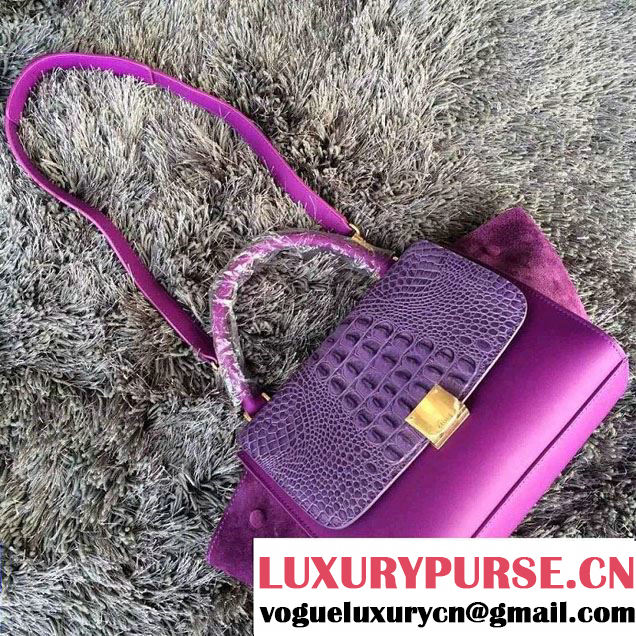 Celine Trapeze Top Handle Bag Nubuck Leather Croco Pattern Purple 2015