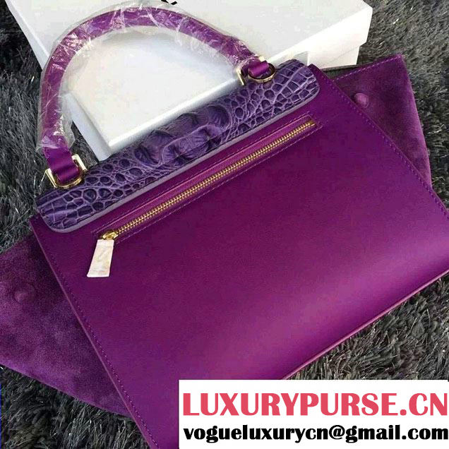 Celine Trapeze Top Handle Bag Nubuck Leather Croco Pattern Purple 2015