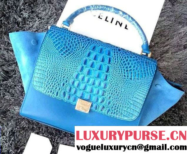 Celine Trapeze Top Handle Bag Nubuck Leather Croco Pattern Blue 2015