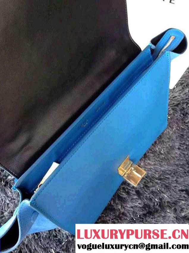 Celine Trapeze Top Handle Bag Nubuck Leather Croco Pattern Blue 2015