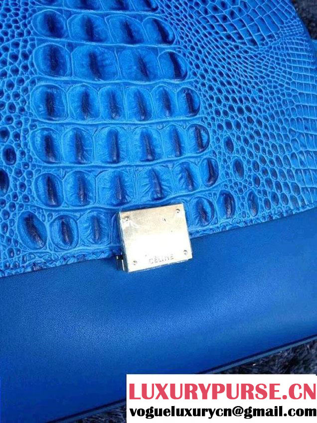 Celine Trapeze Top Handle Bag Nubuck Leather Croco Pattern Blue 2015