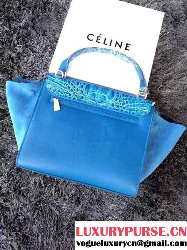Celine Trapeze Top Handle Bag Nubuck Leather Croco Pattern Blue 2015
