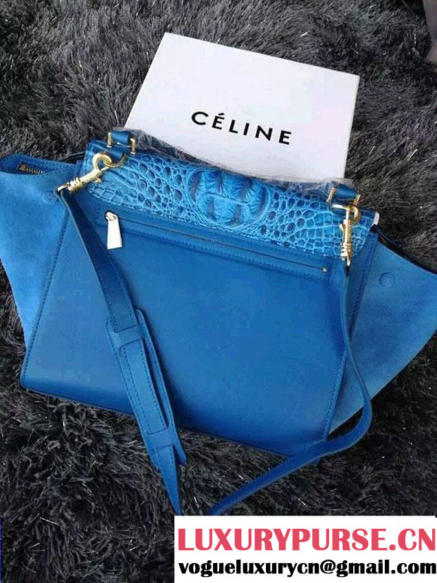 Celine Trapeze Top Handle Bag Nubuck Leather Croco Pattern Blue 2015