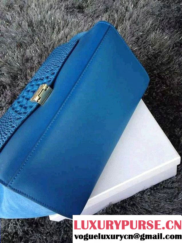 Celine Trapeze Top Handle Bag Nubuck Leather Croco Pattern Blue 2015