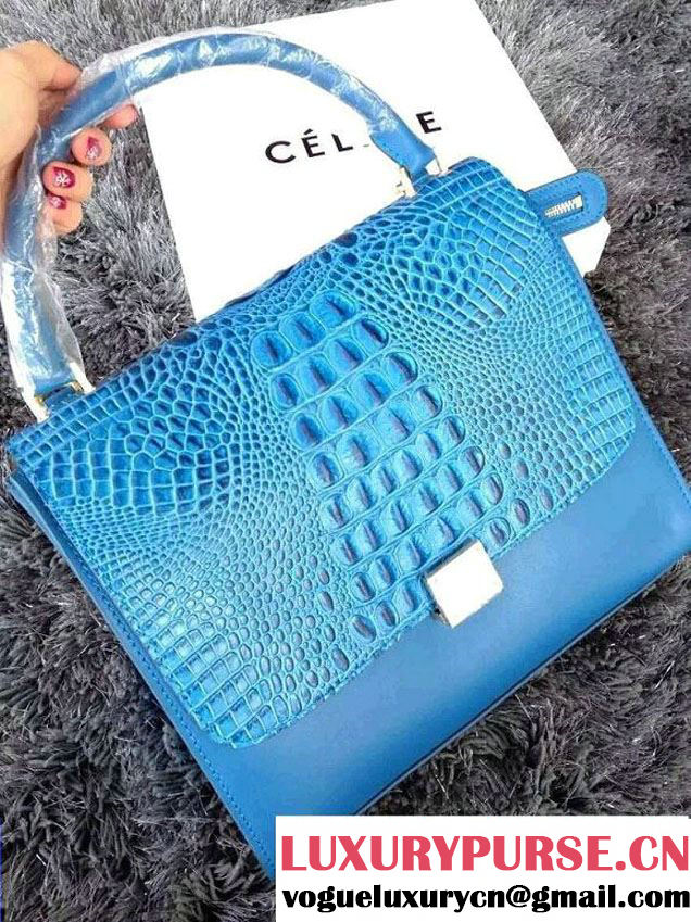 Celine Trapeze Top Handle Bag Nubuck Leather Croco Pattern Blue 2015