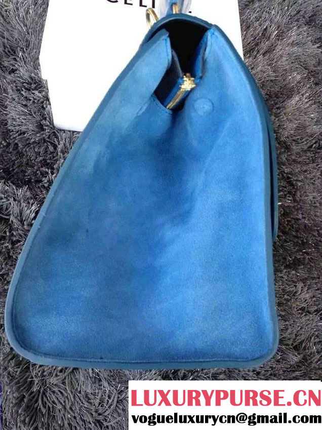 Celine Trapeze Top Handle Bag Nubuck Leather Croco Pattern Blue 2015