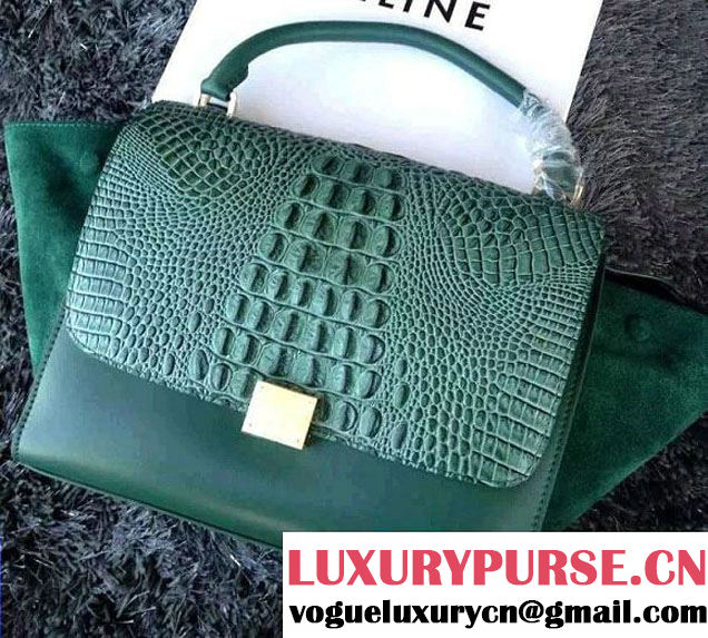 Celine Trapeze Top Handle Bag Nubuck Leather Croco Pattern Green 2015