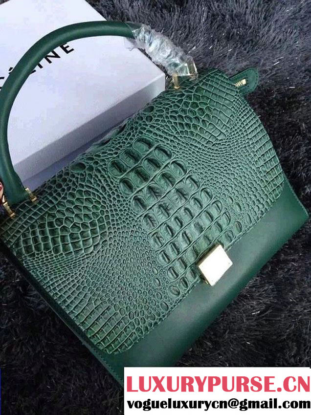 Celine Trapeze Top Handle Bag Nubuck Leather Croco Pattern Green 2015