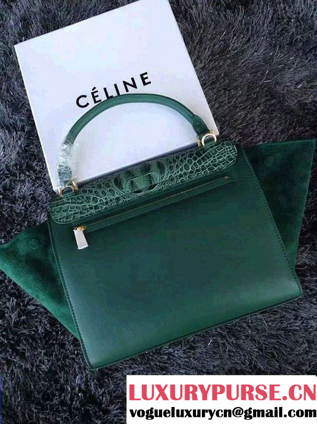 Celine Trapeze Top Handle Bag Nubuck Leather Croco Pattern Green 2015