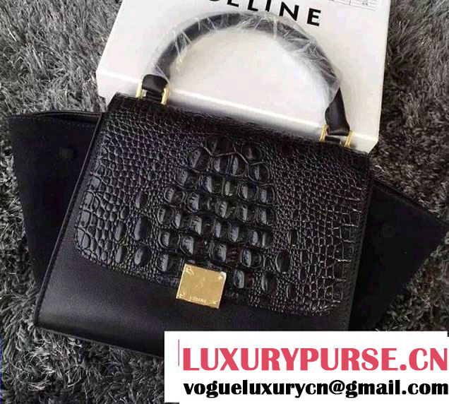 Celine Trapeze Top Handle Bag Nubuck Leather Croco Pattern Black 2015