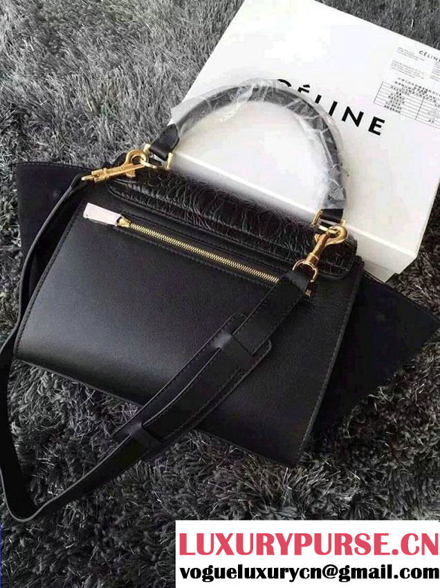 Celine Trapeze Top Handle Bag Nubuck Leather Croco Pattern Black 2015