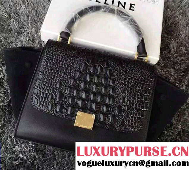 Celine Trapeze Top Handle Bag Nubuck Leather Croco Pattern Black 2015