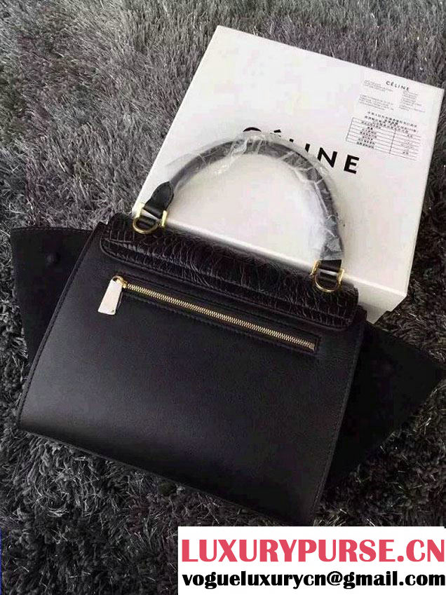 Celine Trapeze Top Handle Bag Nubuck Leather Croco Pattern Black 2015