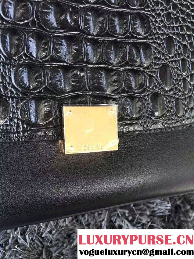 Celine Trapeze Top Handle Bag Nubuck Leather Croco Pattern Black 2015