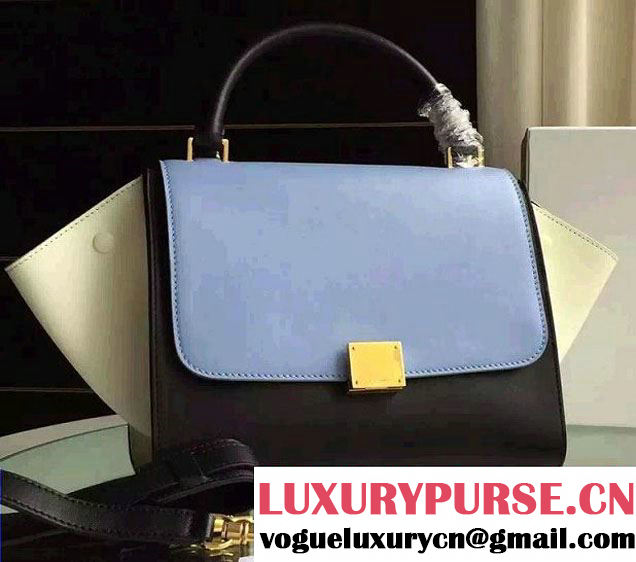 Celine Trapeze Small/Medium Tote Bag in Original Calfskin Leather Sky Blue/Black/White