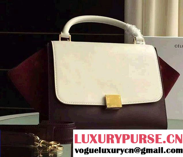 Celine Trapeze Small/Medium Tote Bag in Original Calfskin Leather White/Burgundy/Red