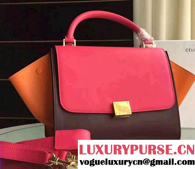 Celine Trapeze Small/Medium Tote Bag in Original Calfskin Leather Fuchsia/Burgundy/Orange