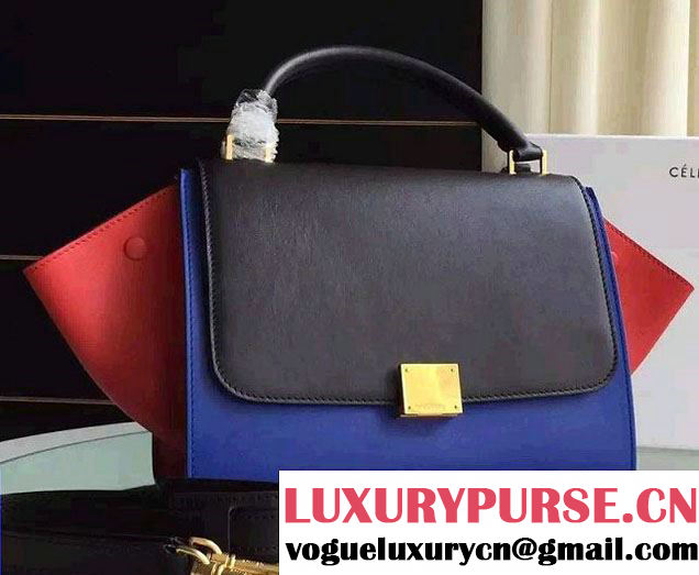 Celine Trapeze Small/Medium Tote Bag in Original Calfskin Leather Black/Blue/ Red