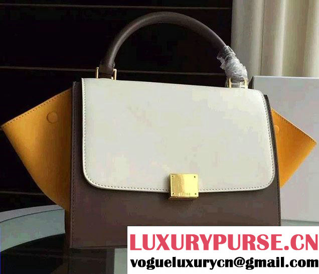 Celine Trapeze Small/Medium Tote Bag in Original Calfskin Leather White/Iron Gray/Yellow