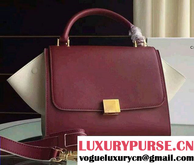 Celine Trapeze Small/Medium Tote Bag in Original Calfskin Leather Burgundy/White