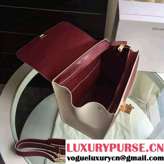 Celine Trapeze Small/Medium Tote Bag in Original Calfskin Leather Burgundy/White