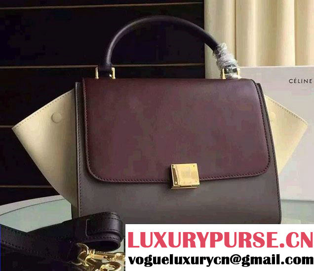 Celine Trapeze Small/Medium Tote Bag in Original Calfskin Leather Burgundy/Iron Gray/Creamy