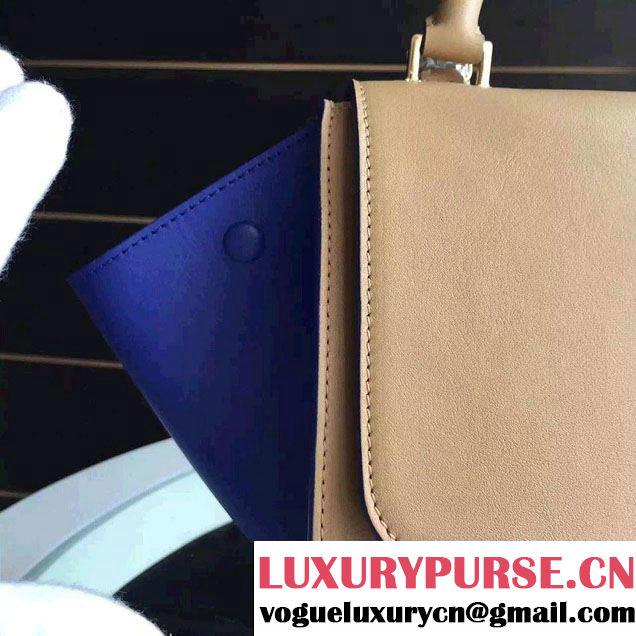 Celine Trapeze Small/Medium Tote Bag in Original Calfskin Leather Apricot/Blue