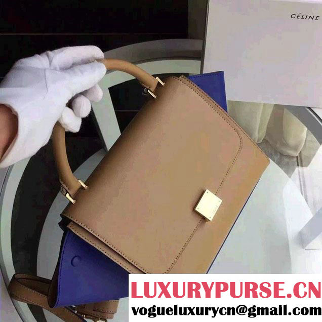 Celine Trapeze Small/Medium Tote Bag in Original Calfskin Leather Apricot/Blue