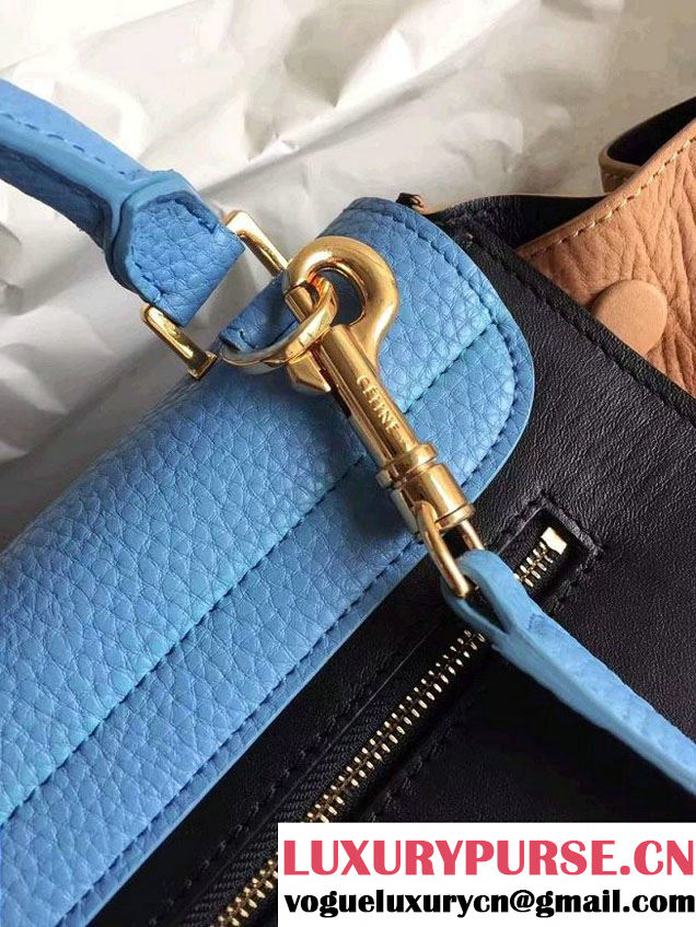 Celine Trapeze Small/Medium Tote Bag in Original Leather Grained Ice Blue/Black/Crinkle Apricot 2016