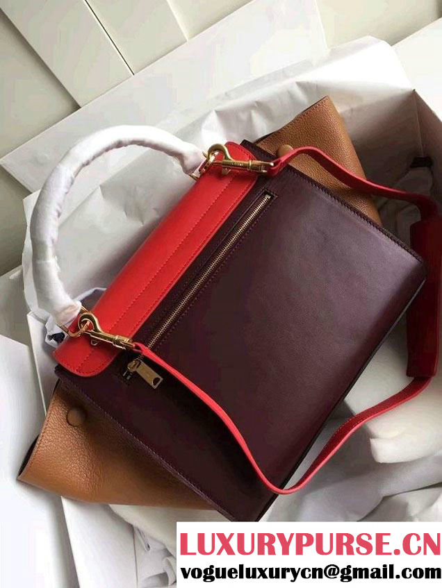 Celine Trapeze Small/Medium Tote Bag in Original Leather Red/Burgundy/Grained Khaki 2016