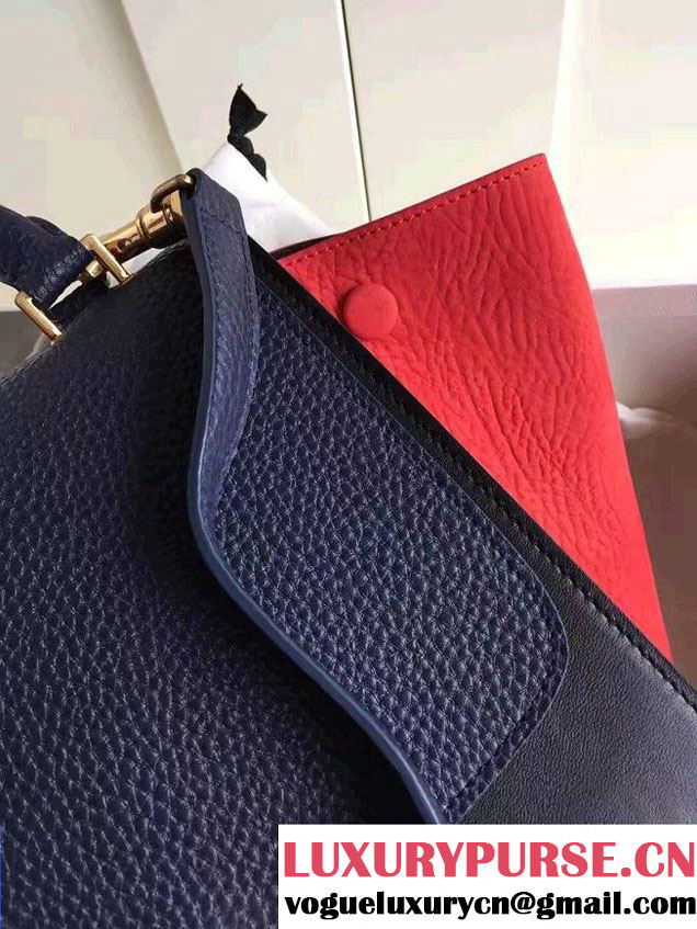 Celine Trapeze Small/Medium Tote Bag in Original Leather Grained Navy Blue/Black/Crinkle Red 2016