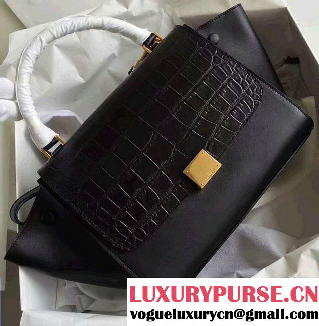 Celine Trapeze Small/Medium Tote Bag in Original Leather Croco Pattern Black 2016