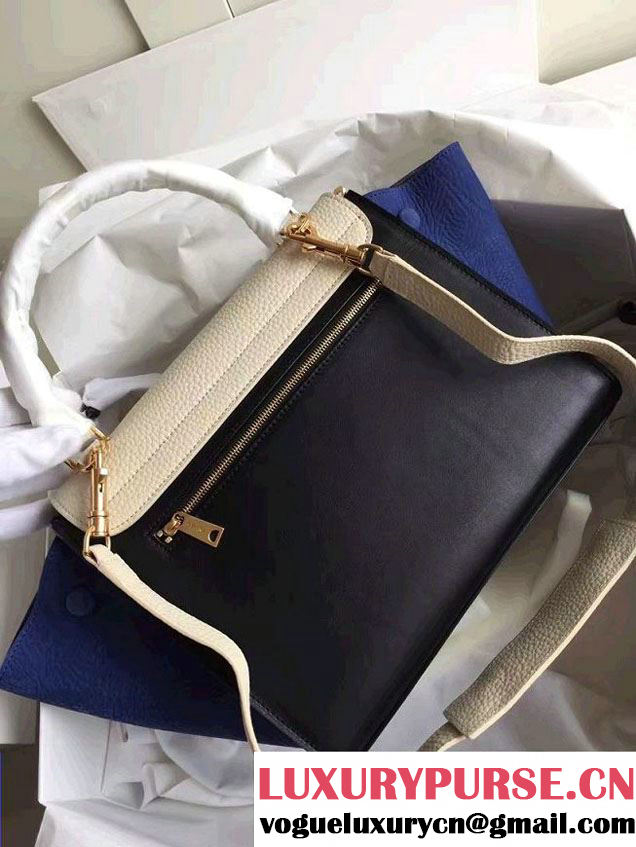 Celine Trapeze Small Tote Bag in Original Leather Grained Creamy/Black/Crinkle Blue 2016