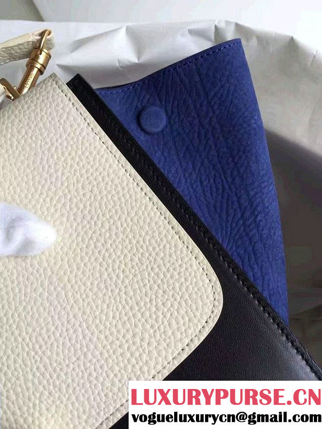 Celine Trapeze Small Tote Bag in Original Leather Grained Creamy/Black/Crinkle Blue 2016