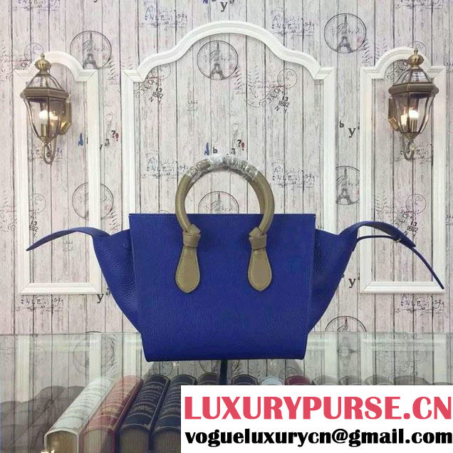 Celine Tie Tote Mini Bag in Grained/Calfskin Leather Blue/Camel 2015