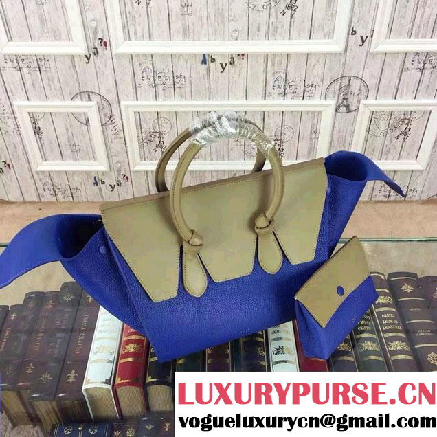 Celine Tie Tote Small Bag in Grained/Calfskin Leather Blue/Camel 2015